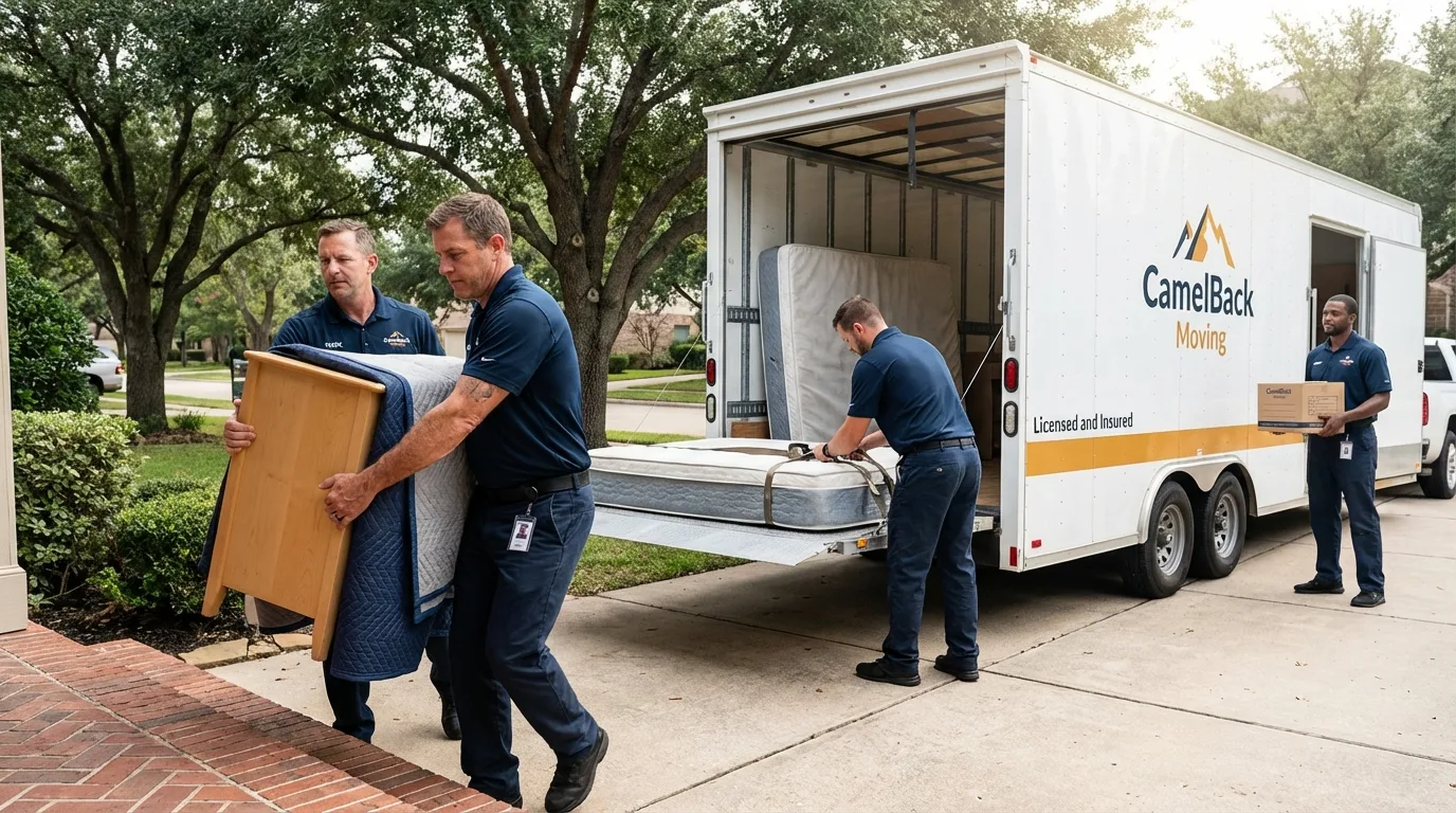 Crew loading residential truck for cross-state move from Lebec, CA