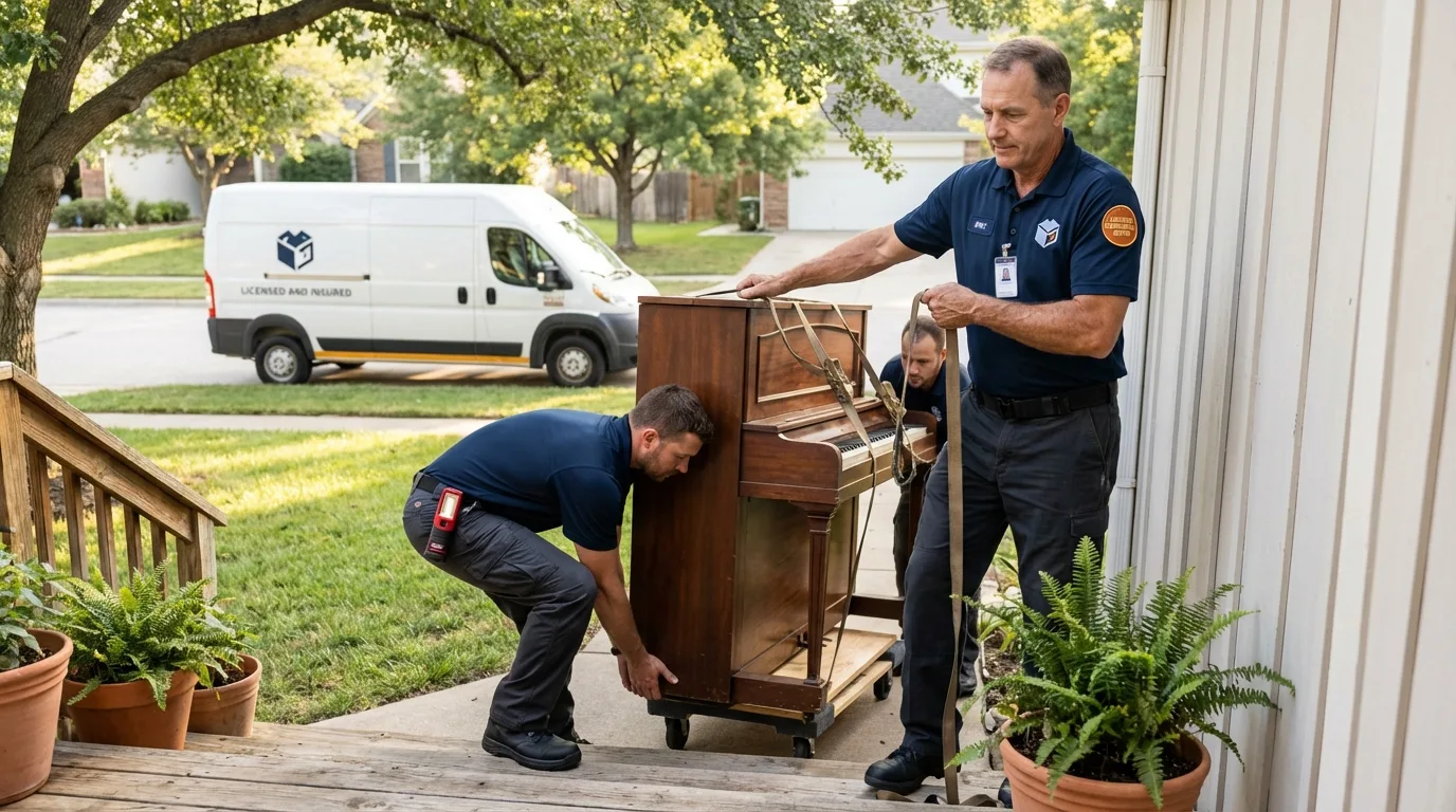 Licensed piano movers securing grand piano in Lebec, CA