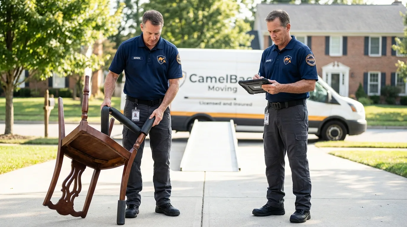 Movers inspecting furniture for damage prevention before loading in Lebec, CA