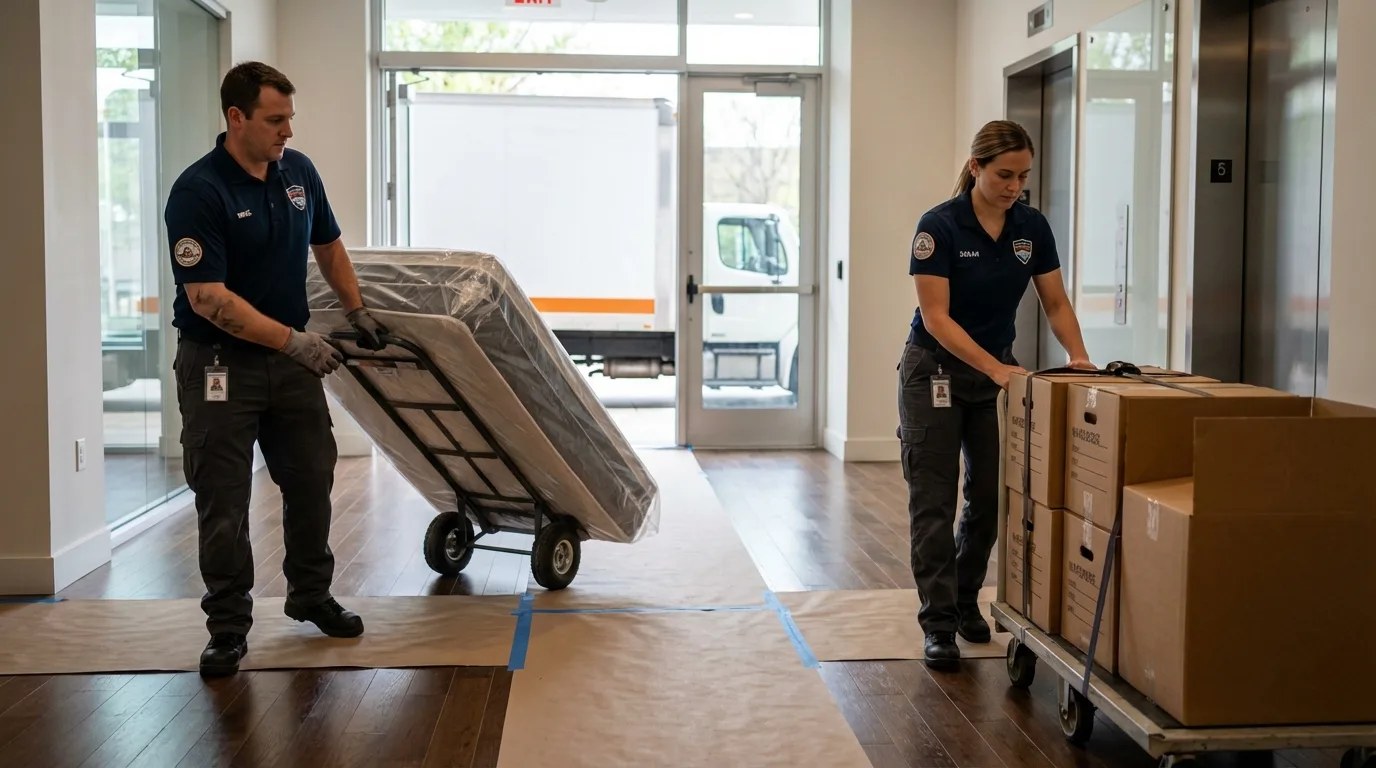 Professional apartment movers loading elevator in Lebec, CA