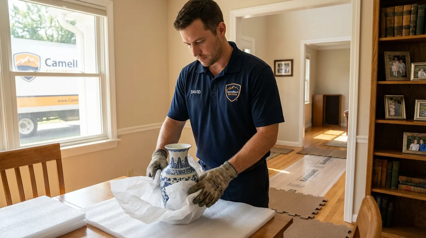 Professional crew carefully wrapping antique vase for senior downsizing move in Lebec, CA